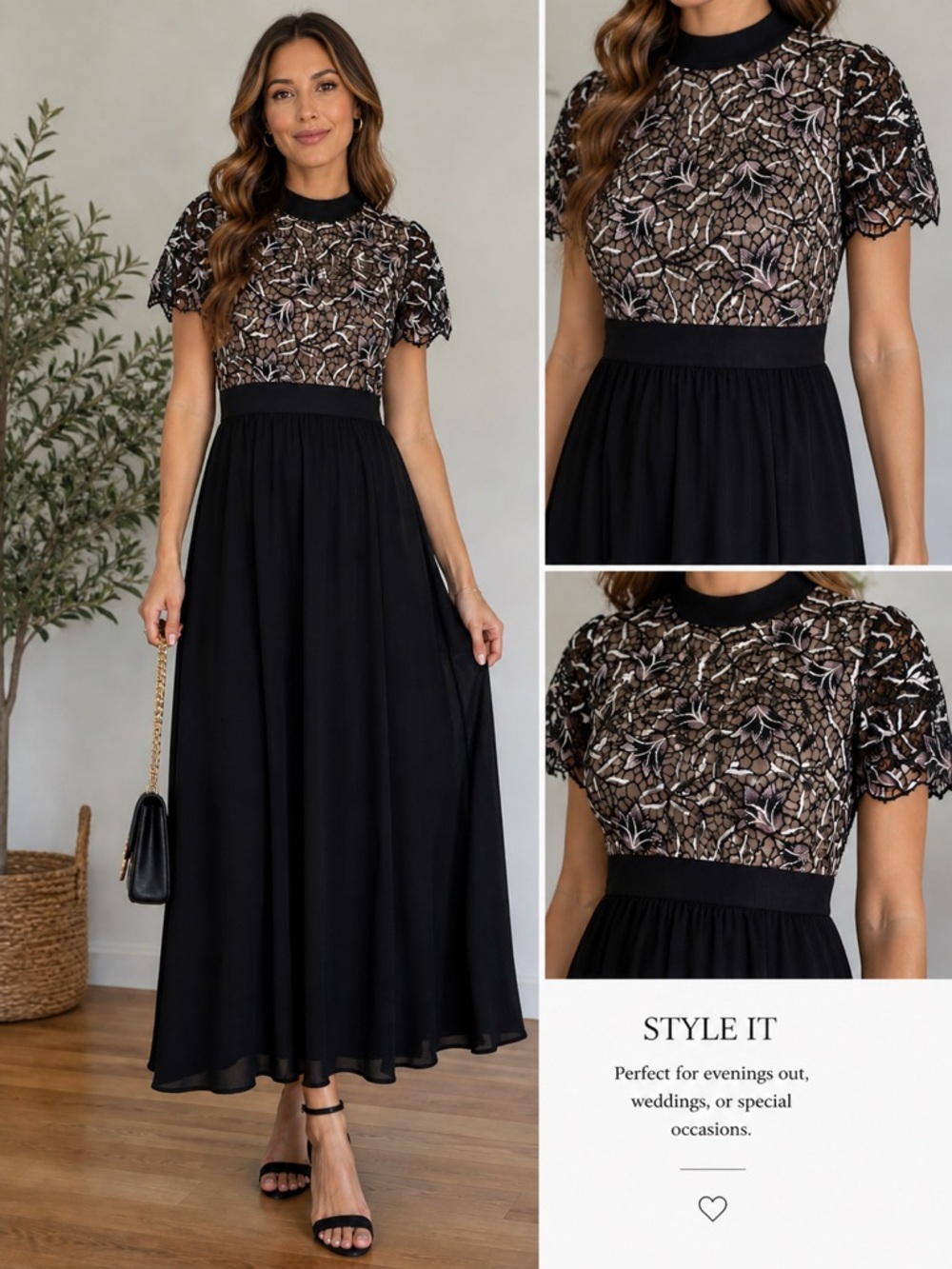 Chic Lace Bodice Midi Dress Black Size 0/1 Meghan Markle Inspired
